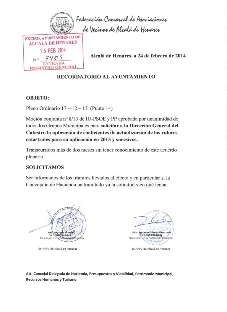 Documento entregado en registro del Ayuntamiento